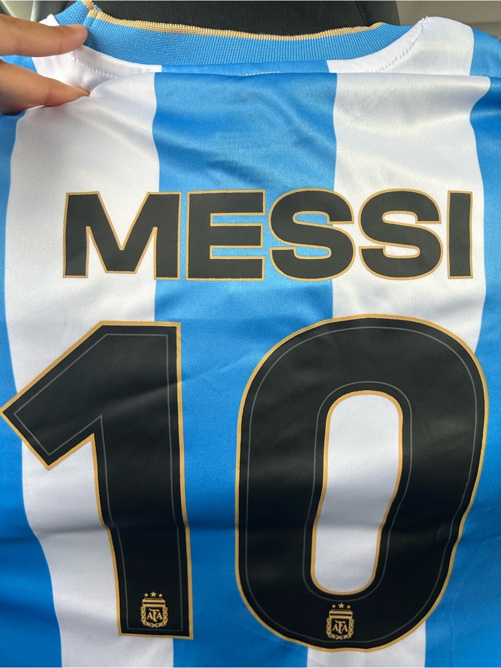 FA Messi #10 Argentina Blue White Soccer Jersey with Black Gold Lettering